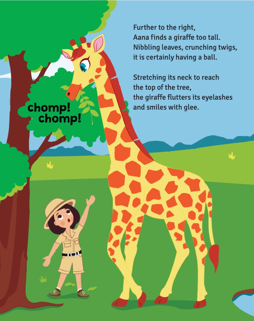 Aana greeting a tall giraffe beside a pond