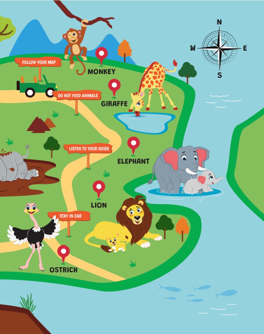 Illustrated map of the safari route and the animals along the way