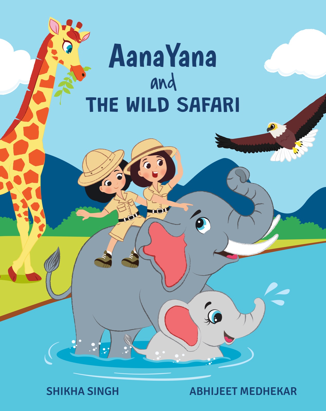 Cover of AanaYana and The Wild Safari, showing Aana and Yana riding an elephant among wild animals